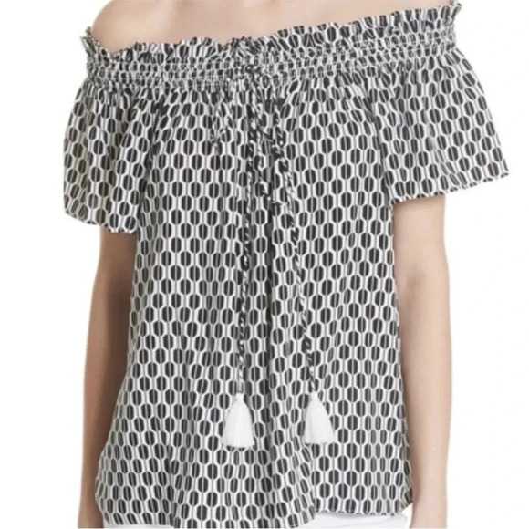 Kate Spade Off Shoulder Tassel Top Black White Abstract Print XXS Rayon - Picture 2 of 16